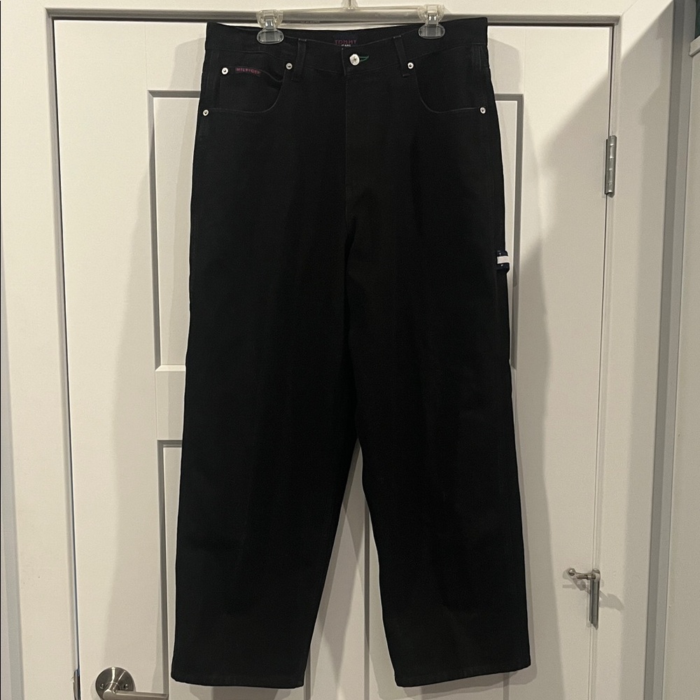 90s Y2K Tommy Hilfiger Black Carpenter Jeans Wide Leg Grunge 36/30 36 30 - Picture 2 of 16